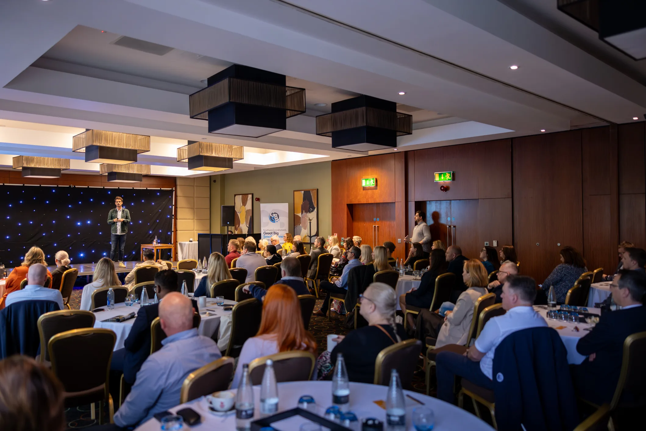 Conference room with stage and event lighting
