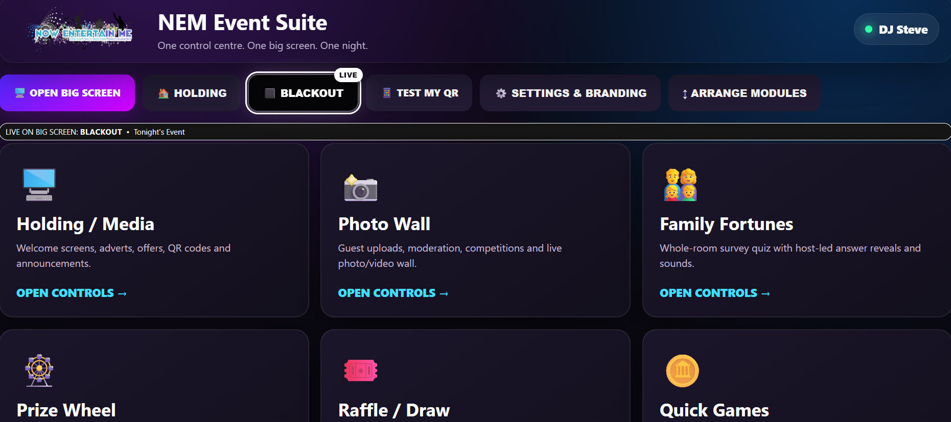 NEM Event Suite interactive entertainment control dashboard